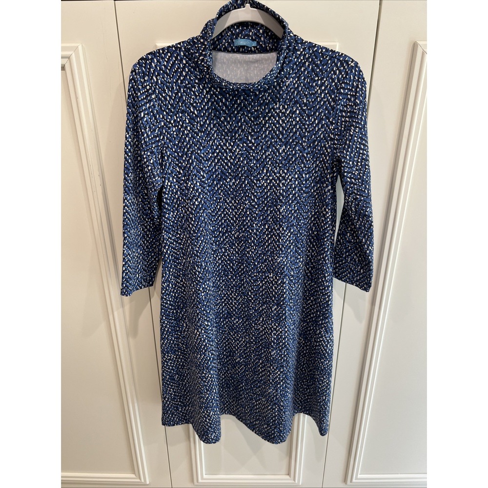 J McLaughlin Catalina Cloth Turtle Neck MIDI Dress Blue Geometric Preppy Artsy